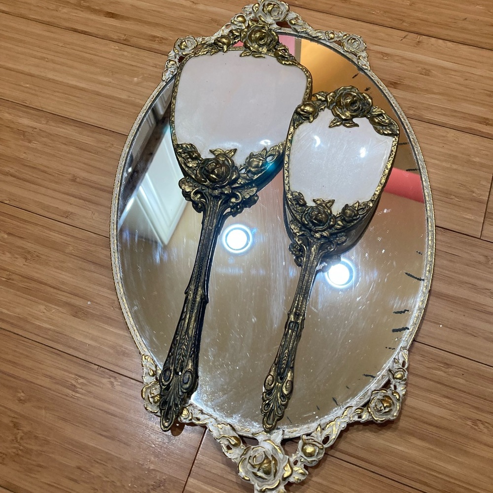Vintage gold rose vanity set with platter